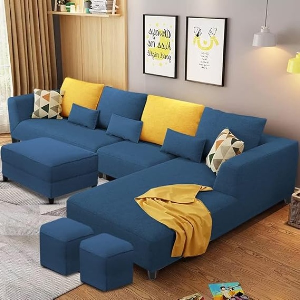 Ripple FURNITURE 8 Seater L Shape Sofa Set with Ottoman & 2 Puffy for Living Room (Blue Fabric)