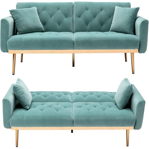 Ripple FURNITURE  Velvet Sofa Convertible Sleeper Sofa,Modern Tufted Sofa Bed with 2 Throw Pillow & Gold Plating Base 5 Leg, Adjustable Folding Accent Sofa Couch for Living Room (Light Blue)