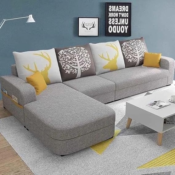 Ripple FURNITURE 6 Seater L Shape Sofa Set For Living Room (Grey Fabric)