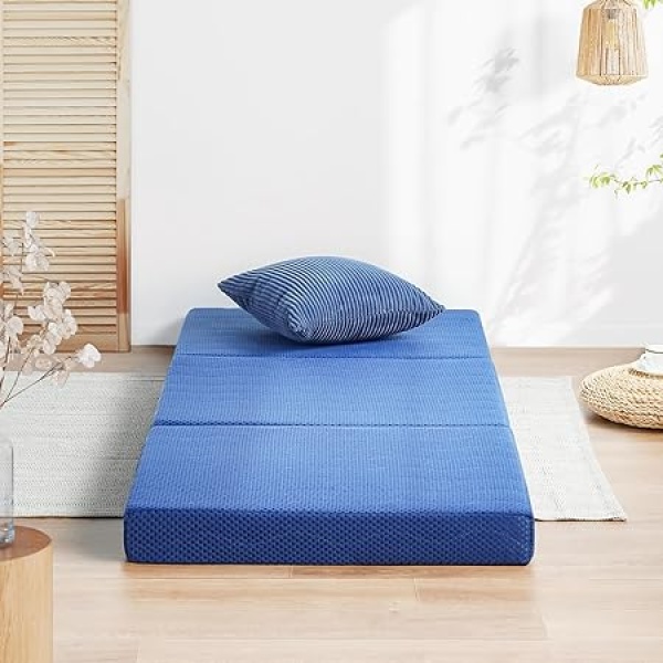 Ripple FURNITURE Tri-Folding Memory Foam Mattress Topper, 4 Inch Gel Folding Mattress for Camping, Foldable Guest Bed, CertiPUR-US Certified, Soft, Blue, Single Size