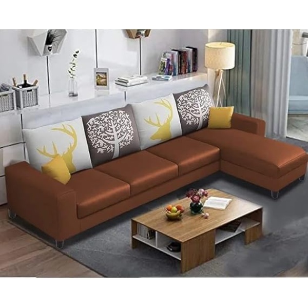 Ripple FURNITURE 6 Seater RHS Leatherette Sofa For Living Room (Brown Fabric)