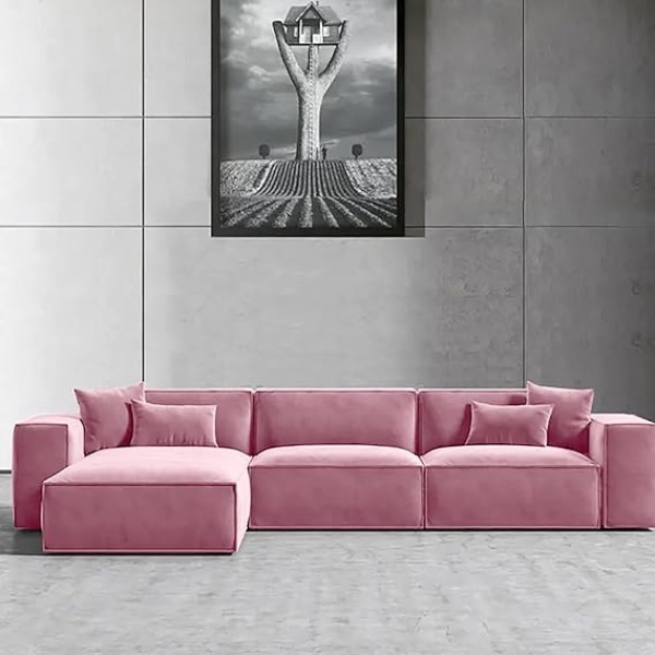 Ripple FURNITURE L-Shape Modern Style Luxury Home Couch (Right, Pink)