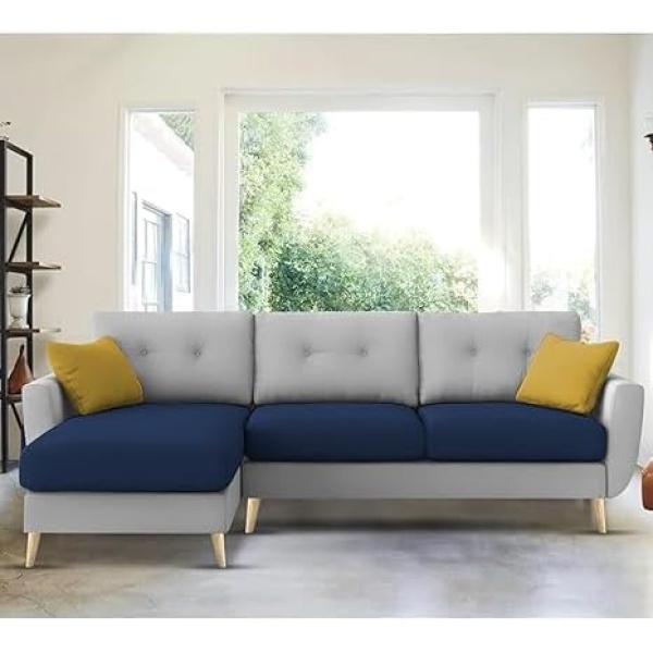 Ripple FURNITURE "Royal Azure Elegance 4 Seater L-Shaped Living Room Sofa in Plush Velvet Fabric" (LHS, Blue Grey Fabric)