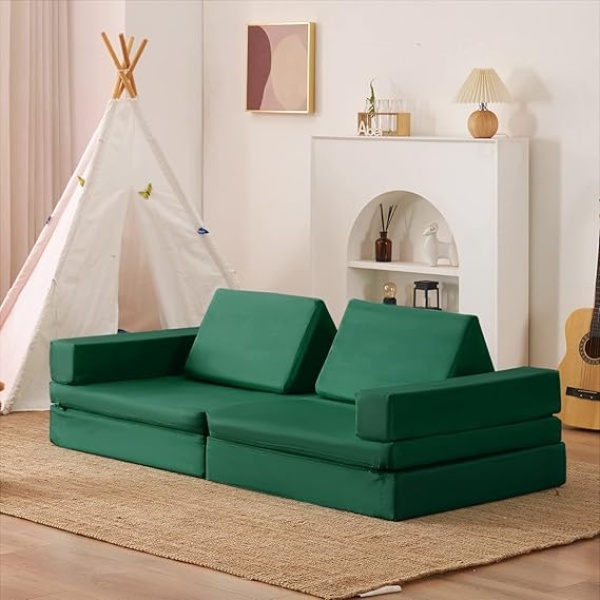 Ripple FURNITURE Couch Extended Size 8PCS for Family, Floor Sofa Couch Modular Funiture for Kids Adults, Playhouse Play Set for Toddlers Babies, Modular Foam Play Couch Indoor 66" x 33" x 22" Green