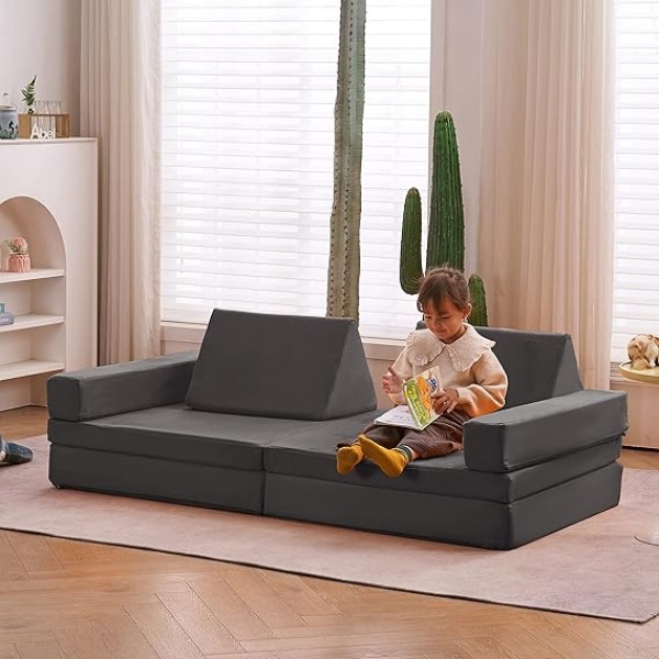 Ripple FURNITURE Couch Extended Size 8PCS for Family, Floor Sofa Couch Modular Funiture for Kids Adults, Playhouse Play Set for Toddlers Babies, Modular Foam Play Couch Indoor 66" x 33" x 22" Darkgrey