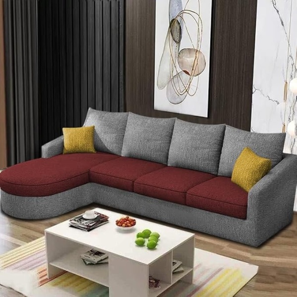 Ripple FURNITURE Sumptuous Serenity: The Round Lounger L-Shape 6 Seater Sofa Set for Your Living Room (LHS) (Maroon Grey)