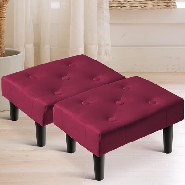 Ripple FURNITURE Small Footstool Ottoman,Velvet Soft Footrest Ottoman with Wood Legs,Sofa Footrest Extra Seating for Living Room Entryway Office (Red)