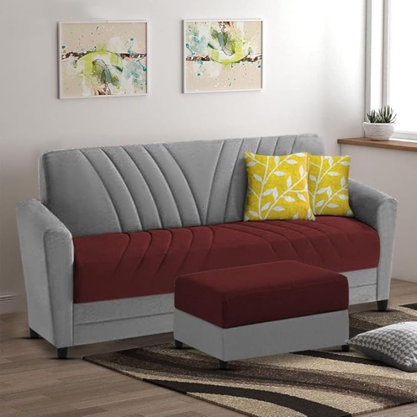 Ripple FURNITURE Elegance Essence 3 Seater Sofa Set with Ottoman (Maroon Grey)