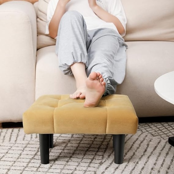 Ripple FURNITURE Small Footstool Ottoman,Velvet Soft Footrest Ottoman with Wood Legs,Sofa Footrest Extra Seating for Living Room Entryway Office (Yellow)