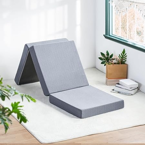Ripple FURNITURE Tri-Folding Memory Foam Topper, 4", Gray, Single Size, Play Mat, Foldable Bed, Guest Beds, Portable Bed