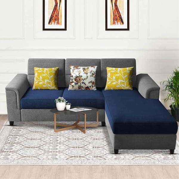 Ripple FURNITURE Elegant 4 Seater L Shape Sofa Set for Living Room (Blue Grey)