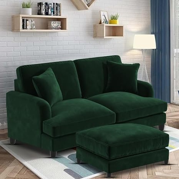 Ripple FURNITURE Sedona 2 Seater Velvet Sofa Set with Ottoman (Green)