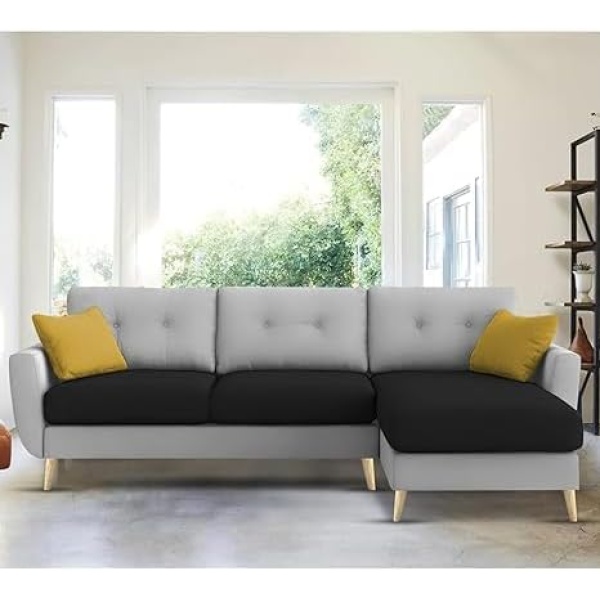 Ripple FURNITURE "Royal Azure Elegance 4 Seater L-Shaped Living Room Sofa in Plush Velvet Fabric" (RHS, Black Grey Fabric)