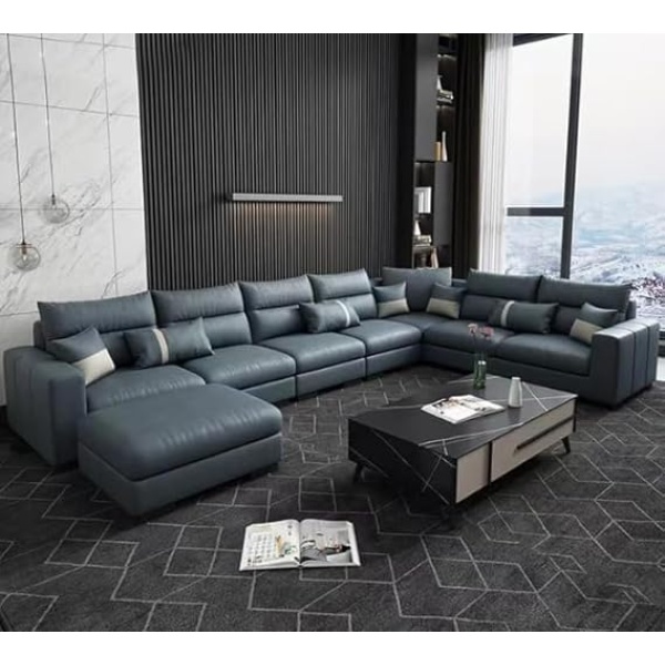 Ripple FURNITURE Luxury Living Room Sofa Set with Chaise Lounge Chair and Ottoman, PU Leather Sectional Couches, Blue