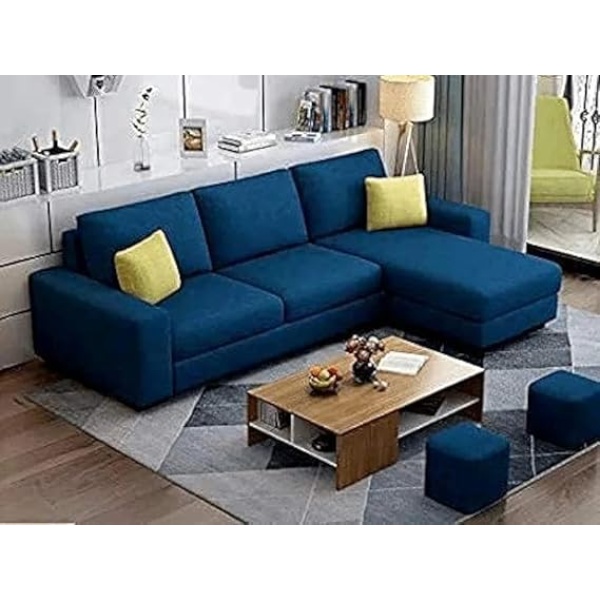 Ripple FURNITURE Wooden L Shape RHS Sofa With 2 Puffy (Blue Fabric)
