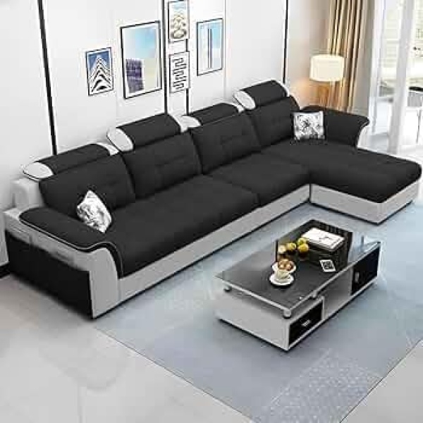 Ripple FURNITURE Luxury RHS L Shape Sofa Set For Living Room in Premium Fabric (Black Grey)