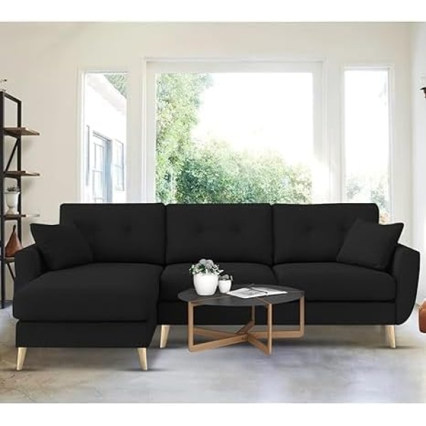 Ripple FURNITURE "Royal Azure Elegance 4 Seater L-Shaped Living Room Sofa in Plush Velvet Fabric" (LHS, Black Fabric)