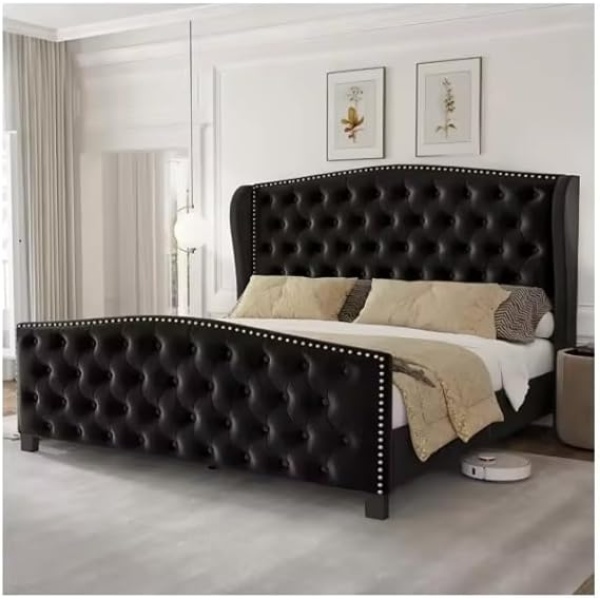 Ripple FURNITURE Queen Size Upholstered Bed Frame with Tufted Headboard and Footboard, Black