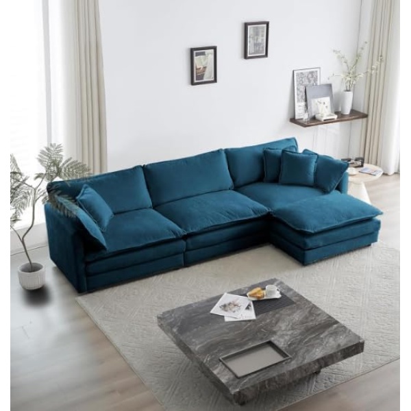 Ripple FURNITURE Luxury Velvet Sofa Couch with Chaise Lounge Chair, Blue, for Living Room, Bedroom, Family Room, Den, Guest Room, Office, Dining Room