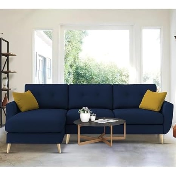 Ripple FURNITURE "Royal Azure Elegance 4 Seater L-Shaped Living Room Sofa in Plush Velvet Fabric" (LHS, Blue Fabric)