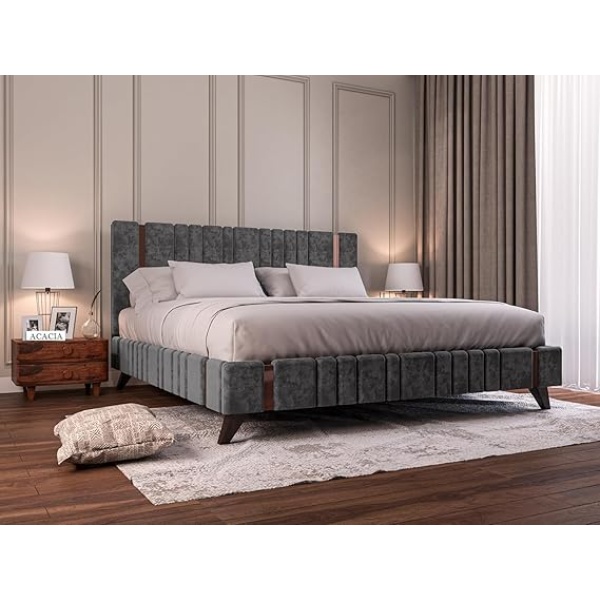 Ripple FURNITURE Modern Design Velvet Upholstered King Size Bed Frame with Headboard (Without Mattress)