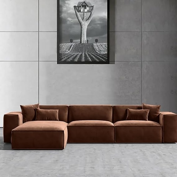 Ripple FURNITURE L-Shape Modern Style Luxury Home Couch (Right, Dark Brown)