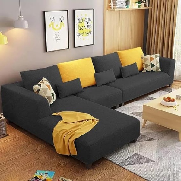 Ripple FURNITURE 6 Seater L Shape Sofa For Living Room (Black Fabric)