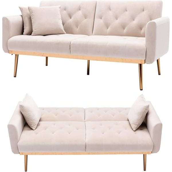 Ripple FURNITURE  Velvet Sofa Convertible Sleeper Sofa,Modern Tufted Sofa Bed with 2 Throw Pillow & Gold Plating Base 5 Leg, Adjustable Folding Accent Sofa Couch for Living Room (Beige)
