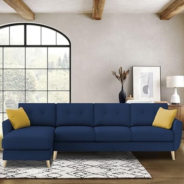 Ripple FURNITURE "VerdeLux L-Shaped Sofa Set - 6 Seater (LHS) with Premium Velvet Upholstery" (Blue Fabric)
