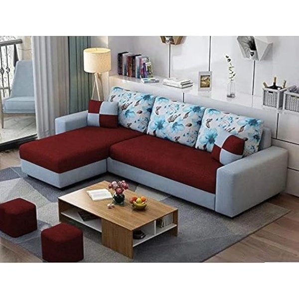 Ripple FURNITURE 4 Seater LHS Sofa Set For Living Room (Grey Maroon)