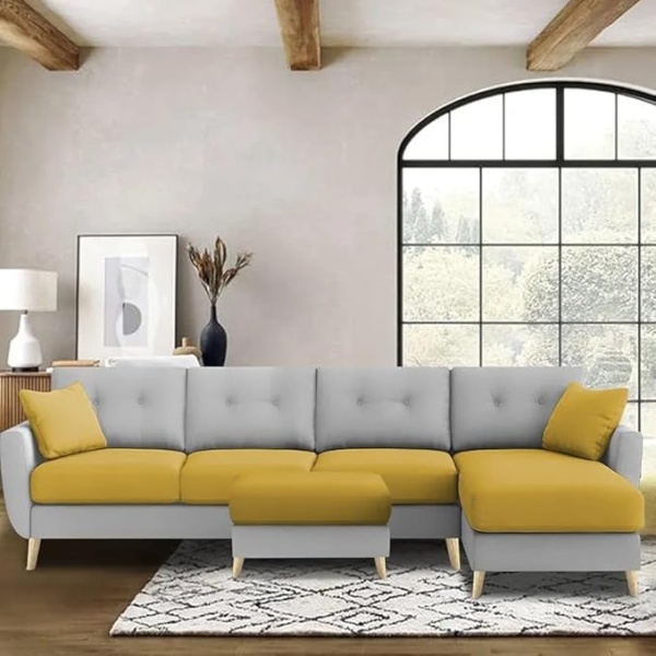 Ripple FURNITURE Luxury 6 Seater L Shape Sofa Set For Living Room In Premium Fabric (RHS, Yellow Grey)