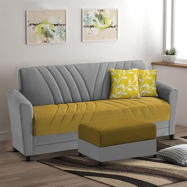 Ripple FURNITURE Elegance Essence 3 Seater Sofa Set with Ottoman (Yellow Grey)