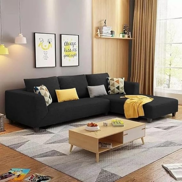 Ripple FURNITURE 4 Seater L Shape Sofa Set For Living Room (Black Fabric)