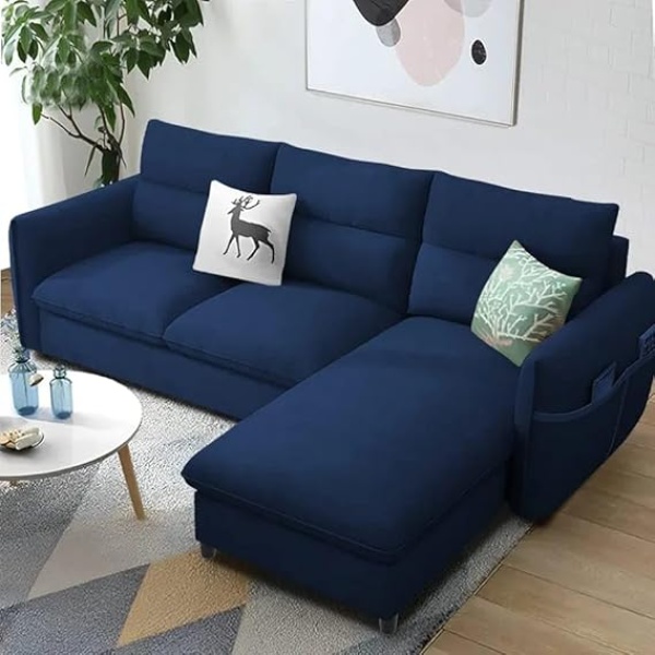 Ripple FURNITURE RHS 4 Seater L Shape Sofa For Living Room (Blue Fabric)