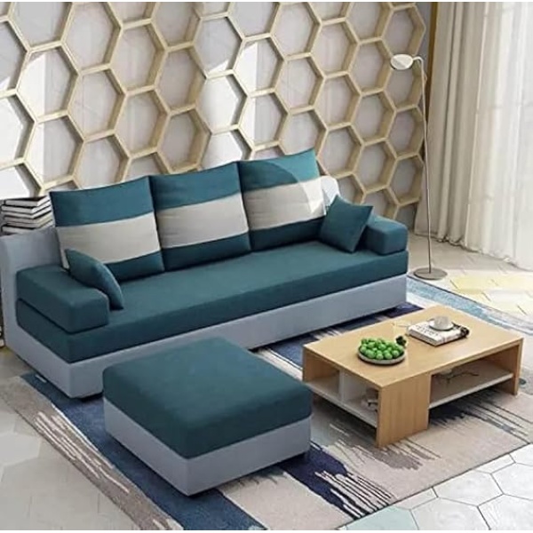 Ripple FURNITURE 3 Seater With Ottoman Sofa Set For Living Room (Blue Grey Fabric)