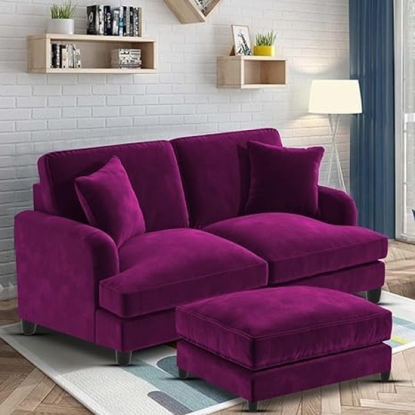 Ripple FURNITURE Sedona 2 Seater Velvet Sofa Set with Ottoman (Purple)