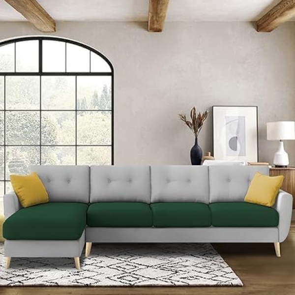 Ripple FURNITURE "VerdeLux L-Shaped Sofa Set - 6 Seater (LHS) with Premium Velvet Upholstery" (Green Grey Fabric)