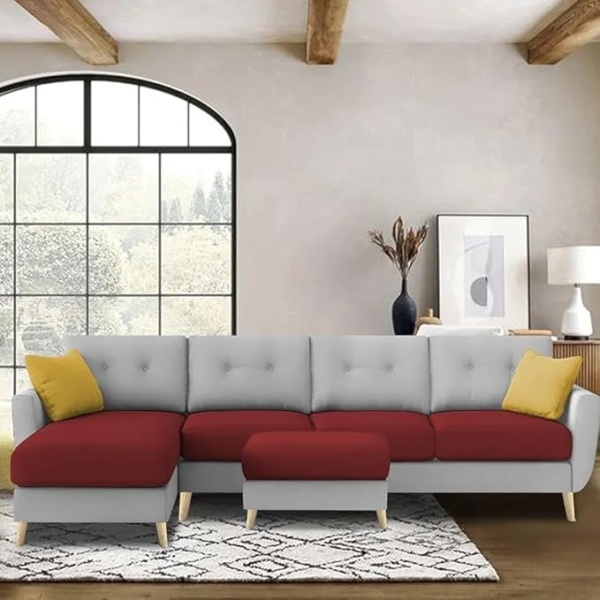 Ripple FURNITURE Luxury 6 Seater L Shape Sofa Set For Living Room In Premium Fabric (LHS, Maroon Grey)