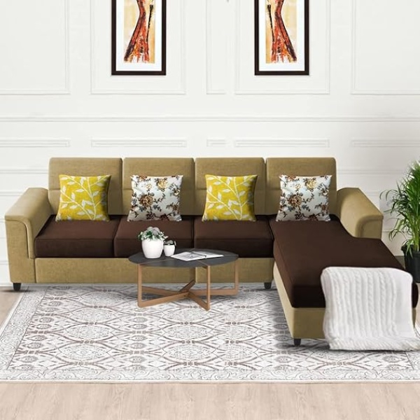 Ripple FURNITURE Harmony 6-Seater L-Shape Sofa Set for Living Room (Cream Brown)