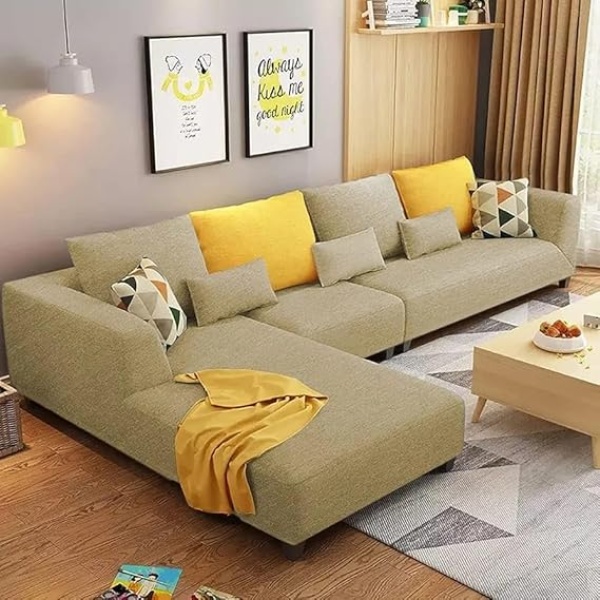 Ripple FURNITURE 6 Seater L Shaped Sofa Set For Living Room (Cream Fabric)