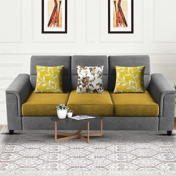 Ripple FURNITURE Elegant 3 Seater Sofa Set for Living Room (Yellow Grey)