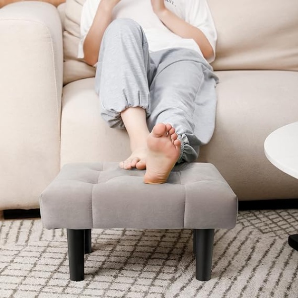 Ripple FURNITURE Small Footstool Ottoman,Velvet Soft Footrest Ottoman with Wood Legs,Sofa Footrest Extra Seating for Living Room Entryway Office (Grey)