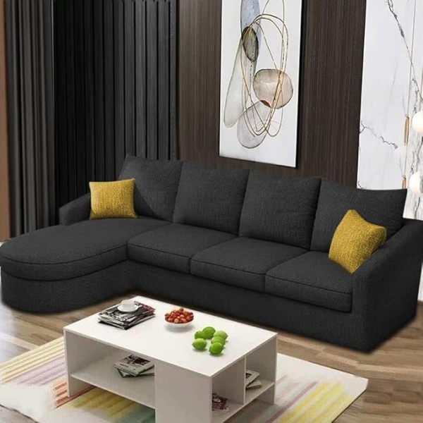 Ripple FURNITURE Sumptuous Serenity: The Round Lounger L-Shape 6 Seater Sofa Set for Your Living Room (LHS) (Black)