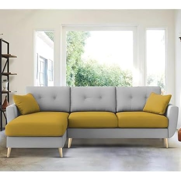 Ripple FURNITURE "Royal Azure Elegance 4 Seater L-Shaped Living Room Sofa in Plush Velvet Fabric" (LHS, Yellow Grey Fabric)