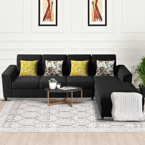 Ripple FURNITURE Harmony 6-Seater L-Shape Sofa Set for Living Room (Black)
