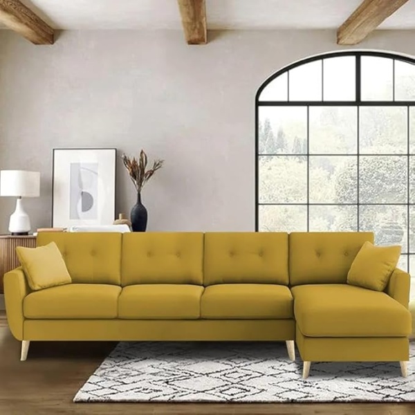 Ripple FURNITURE Luxury 6 Seater L Shape Sofa Set For Living Room In Premium Fabric (RHS, Yellow)