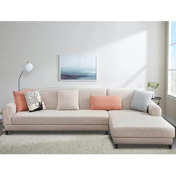 Ripple FURNITURE RHS 6 Seater L Shape Sofa Set For Living Room (Cream Fabric)