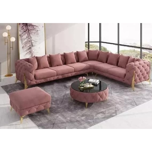 Ripple FURNITURE Luxury traditional velvet L shape chesterfield sofa set, living room furniture with golden legs