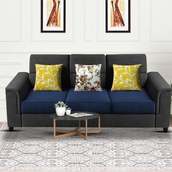 Ripple FURNITURE Elegant 3 Seater Sofa Set for Living Room (Black Blue)