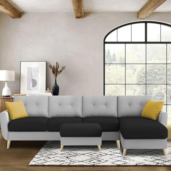 Ripple FURNITURE Luxury 6 Seater L Shape Sofa Set For Living Room In Premium Fabric (RHS, Black Grey)